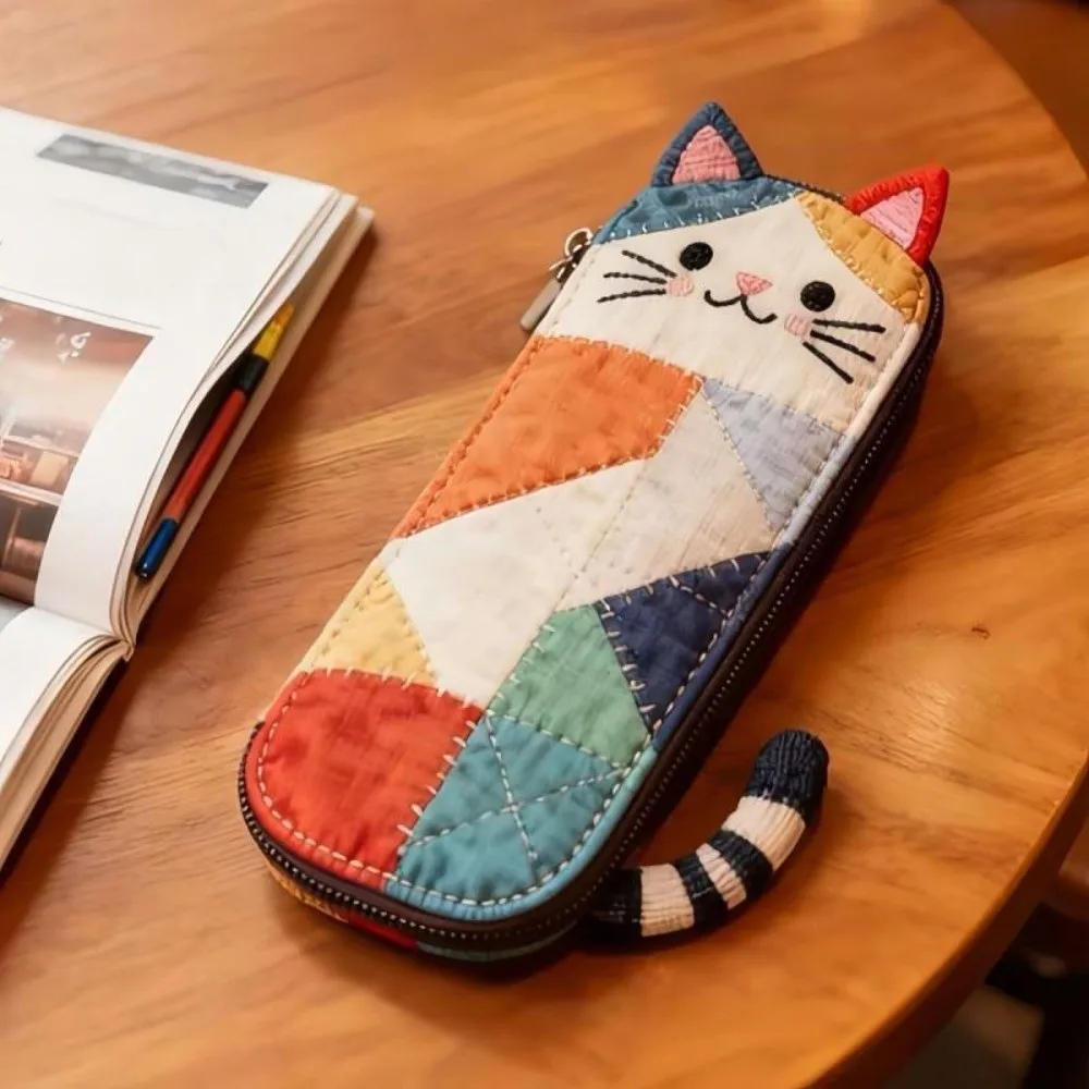 Cloth Cat Pencil Case Japanese Style Color Block Cartoon Pen Bag Zipper Multifunctional Stationery Storage Bag School Supplies