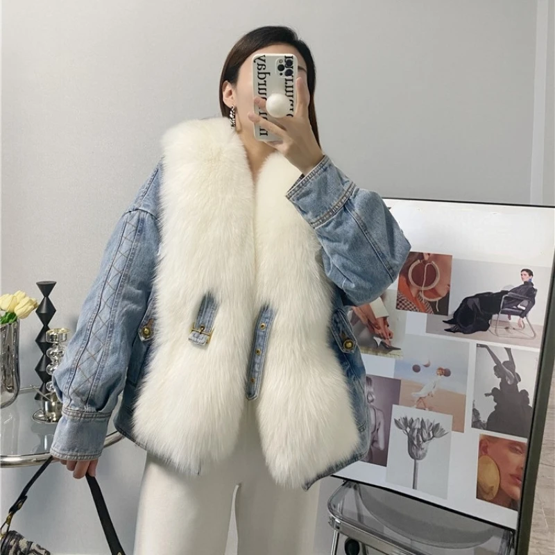 2023 New Winter Women Down Denim Jacket Real Fox Fur Coat High Quality Thick Soft Big Collar Short Warm Loose Fashion Parka