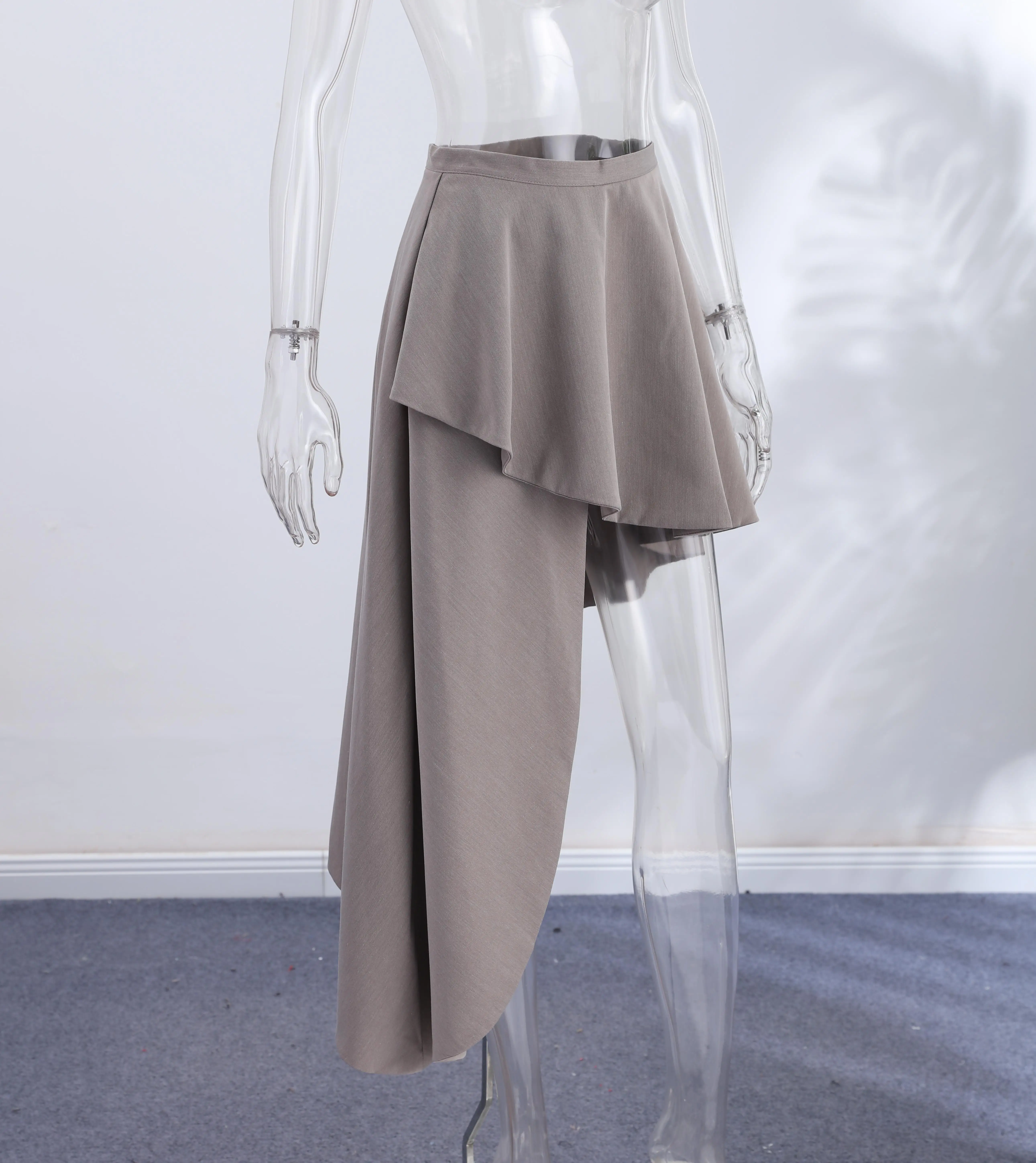 2026 Neue Damen Grauer Asymmetrischer Hochgeschnittener Midi-Rock mit Unregelmäßigem Saum Eleganter Frühling Sommer Pendler Streetstyle Kleidung – Detail 3
