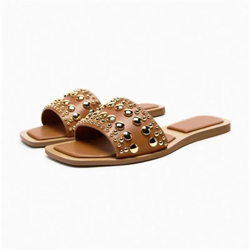 Dropshipping Roman Style Retro Studded Metal Trim Flat Sandals Clear Square Toe Strap Sandals Plus Size Women's Slippers 35&42