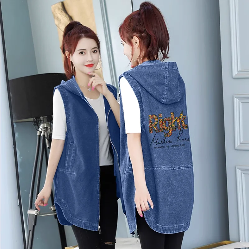 Imagem -04 - Outono Inverno Impressão Solta com Capuz Longo Jeans Vest Jacket Feminino Colete Casual Denim Colete Jaqueta Mulheres Outer Wear Vest