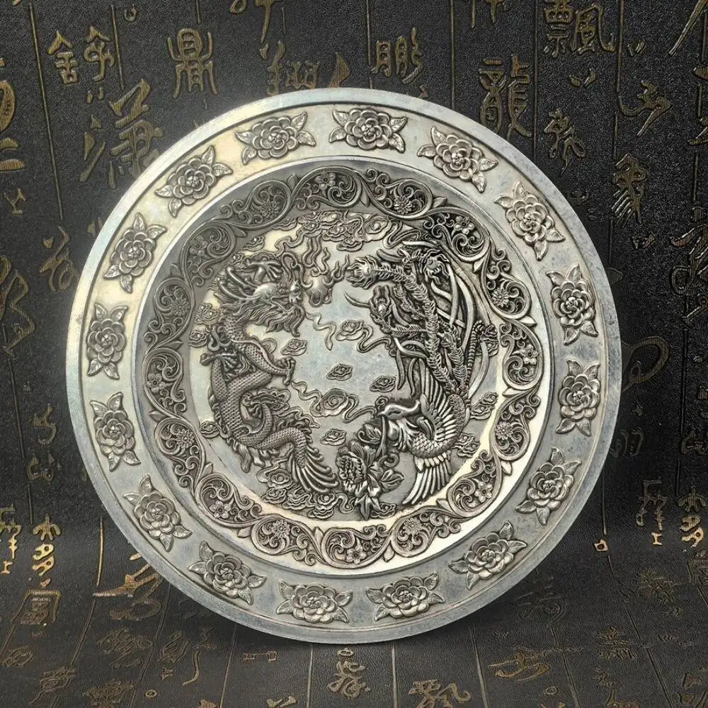 

Old Chinese Dragon Phoenix Silver Plate, Vintage Peony Floral Repousse Charger