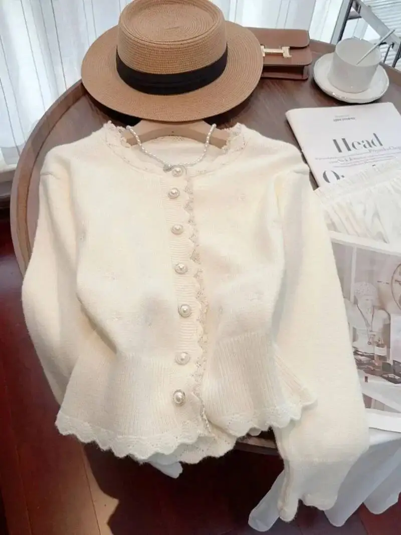 

Korean Sweet Gentle Embroidered Lace Edge Sweater Coats Femme 2025 Autumn Loose Pearl Button Long Sleeve Knitted Cardigan