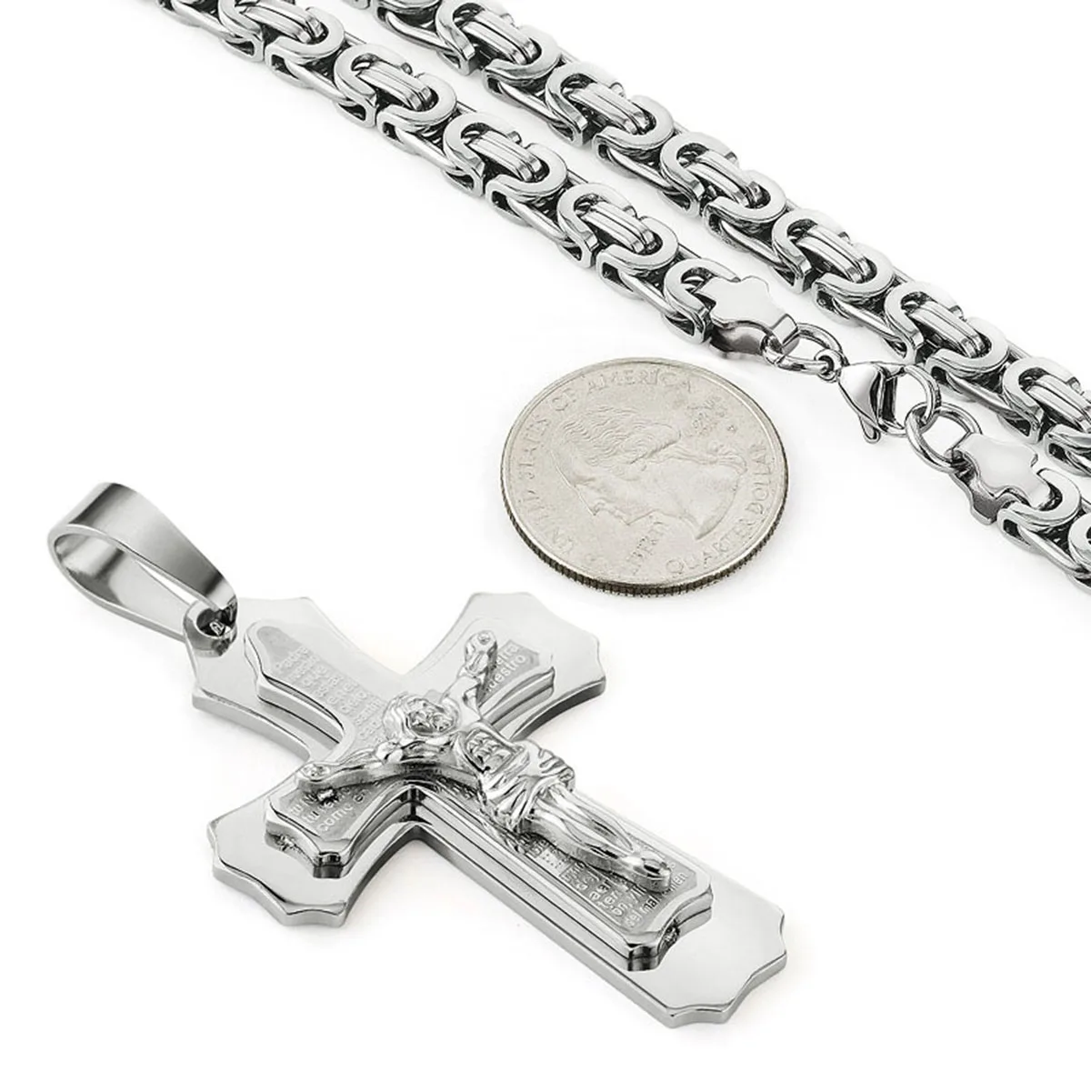Heilige Bibel Kruzifix Jesus Kreuz Anhänger Halskette Männer Edelstahl Byzantinische Kette Halskette Christian Vaterunser Schmuck – Detail 7