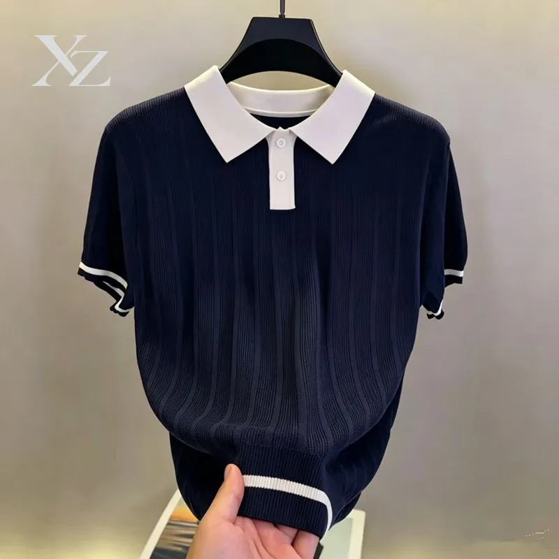 Opening Sale |Men's Color Block Knit Polo Shirt Short Sleeve Ribbed Breathable Ice Silk Casual Business Top