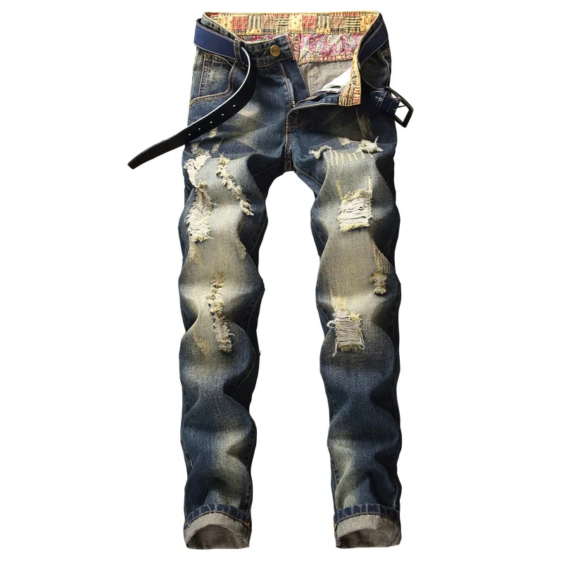 

Men Straight Jeans Hole Pants Mid Waist Denims Washed Streetwear Distressed Ripped Pockets Vintage Male Skinny Pencil Trousers