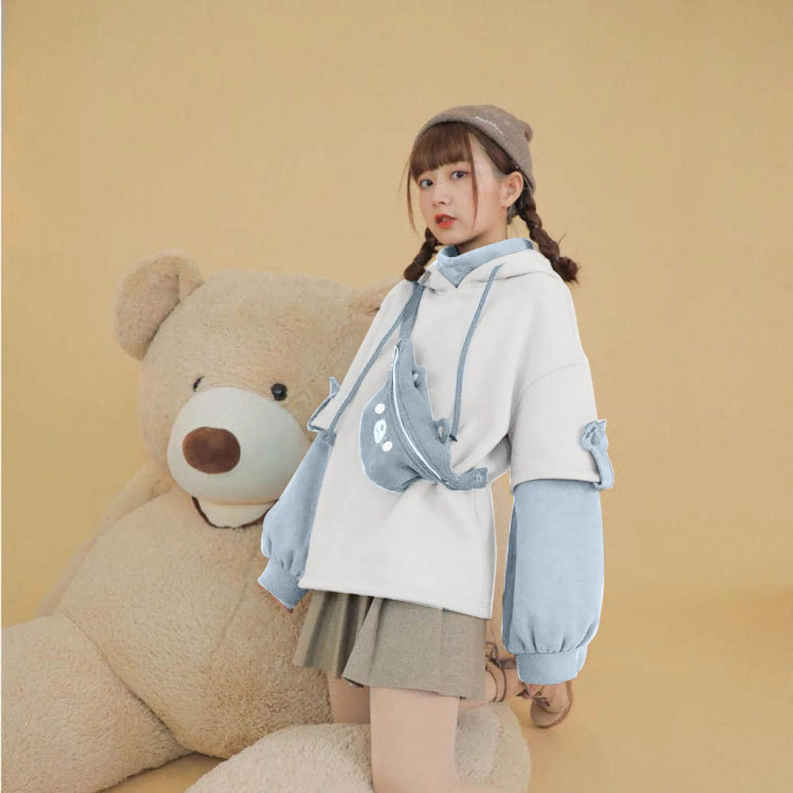 Harajuku Aesthetic Bear Anime Hoodie Women Crewneck Long Sleeve Oversize Streetwear Y2K Patchwork Clothng Top