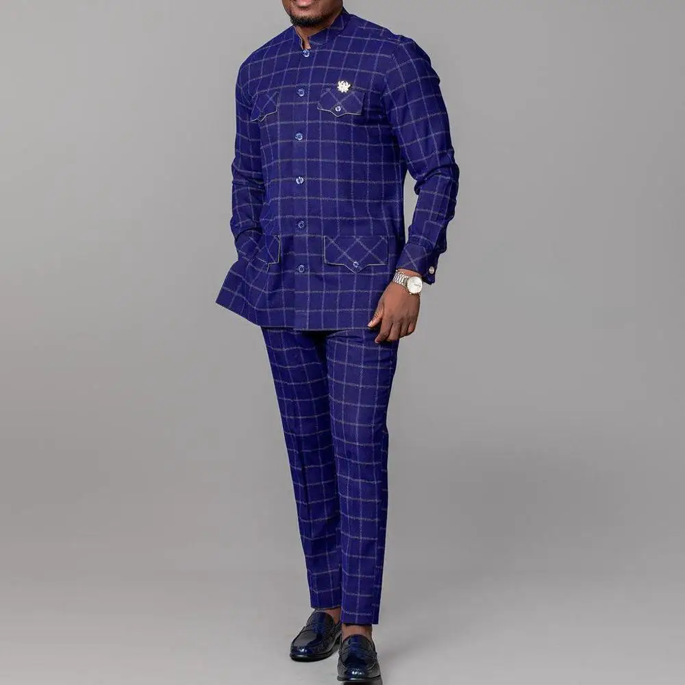 Men Suits For Wedding Stand Collar Plaid Long Sleeve Shirt Pants African Ethnic Business 2Piece Sets Man Clothing Outfits Wear