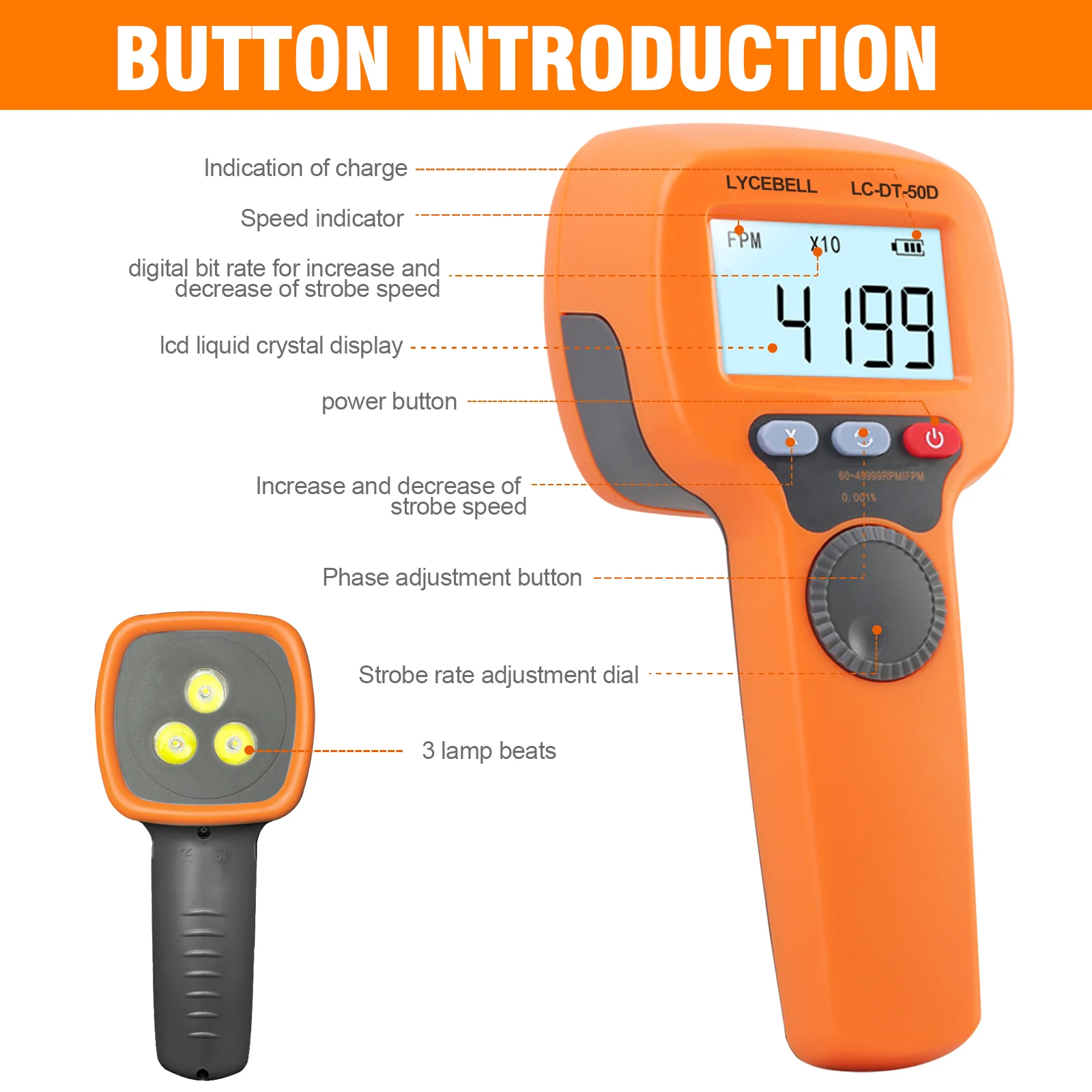 HP DT 50D Handheld LED Stroboscope 60 49999 RPM Non Contact Tachometer High Precision Rechargeable Strobe for HVAC Motor Fan