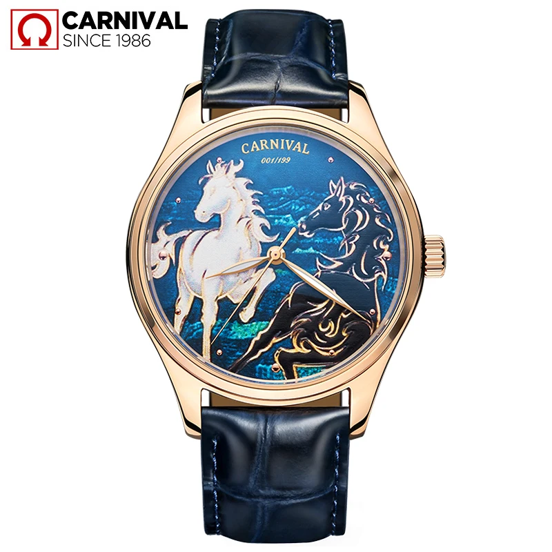 CARNIVAL 3D Horse Dial Waterproof Automatic Watches Sport Miyota Mechanical Watch Men Sapphire Crystal Reloj Hombre