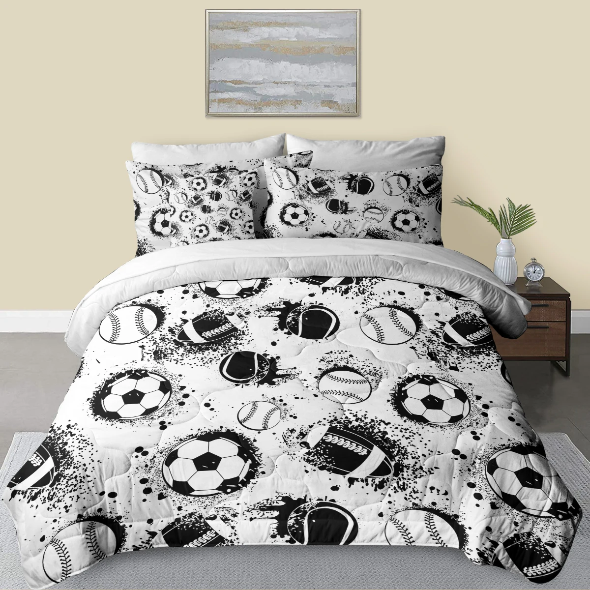 8 Pcs All Kinds Of Balls Like Soccer Tennis Baseball Rugby Comforter Set with Comforter Sets Black and White Bedding Sets