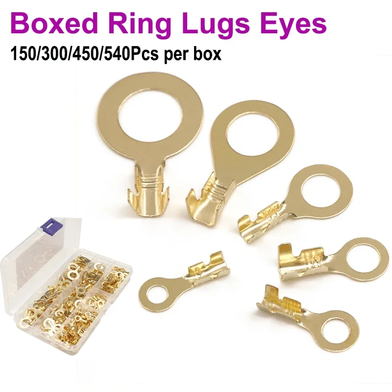 

150/300/450/540Pcs M3/M4/M5/M6/M8/M10 Ring Lugs Eyes Copper Crimp Terminals Cable lug Wire Connection Non Insulated Assortment