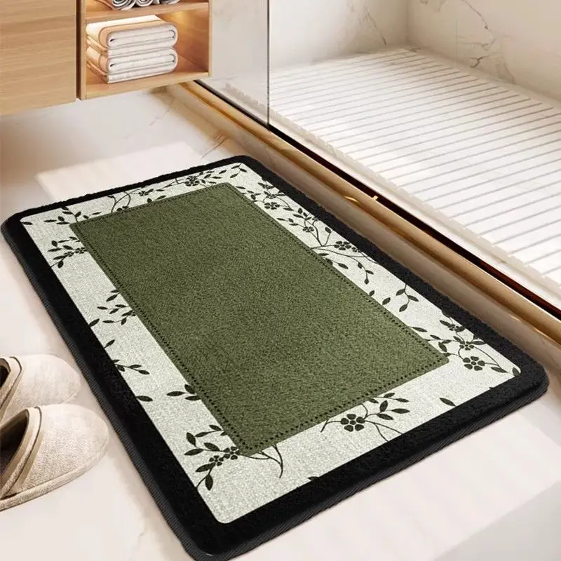 VIKAMA Vintage Floral Border Bath Mat Non‑Slip Green Center Absorbent Bathroom Floor Mat Decor Rug for Shower Room Indoor Home