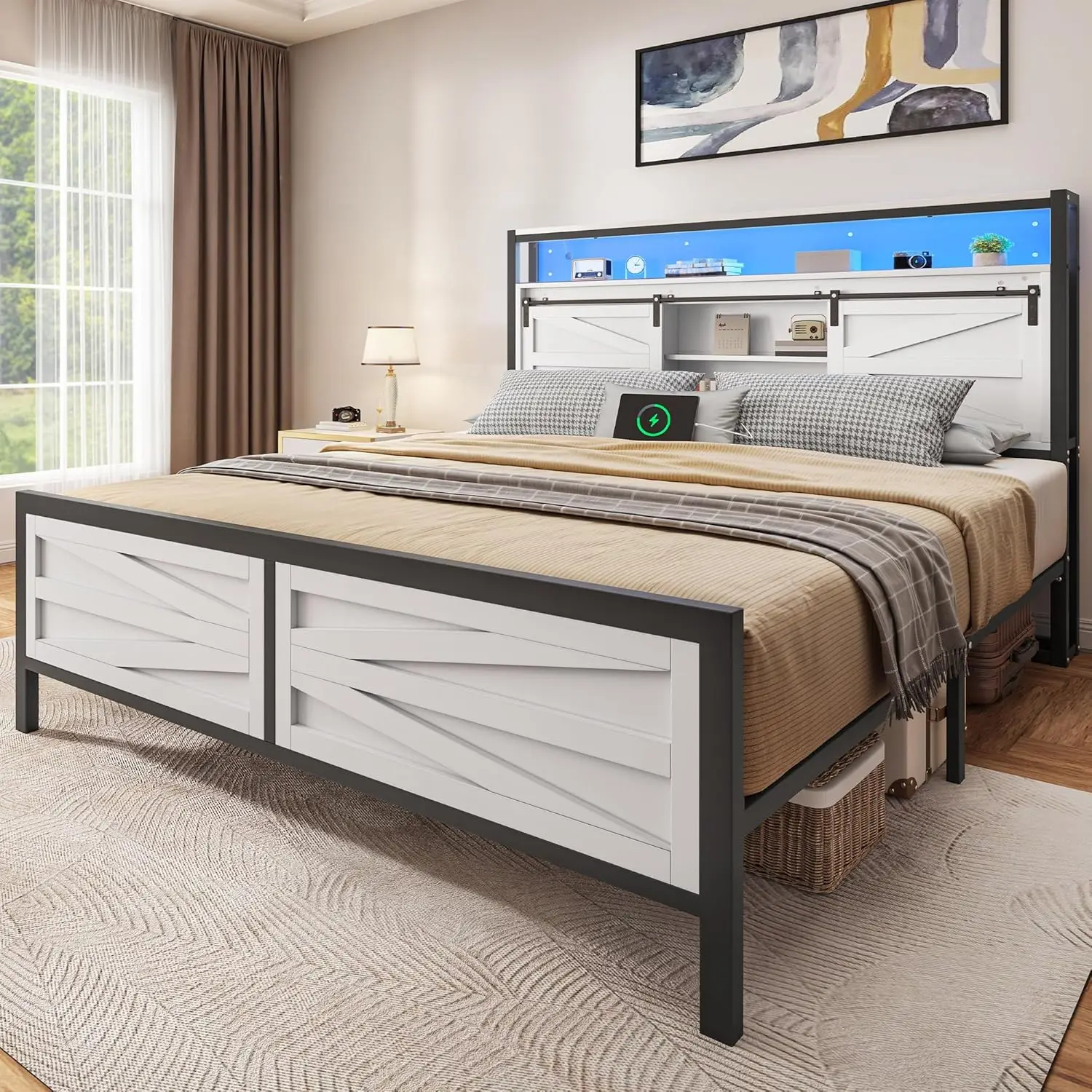 

Farmhouse Bed Frame with Storage Headboard Platform Bed Frame with LED Lights and Charging Station Sliding Barn Door Solid Metal