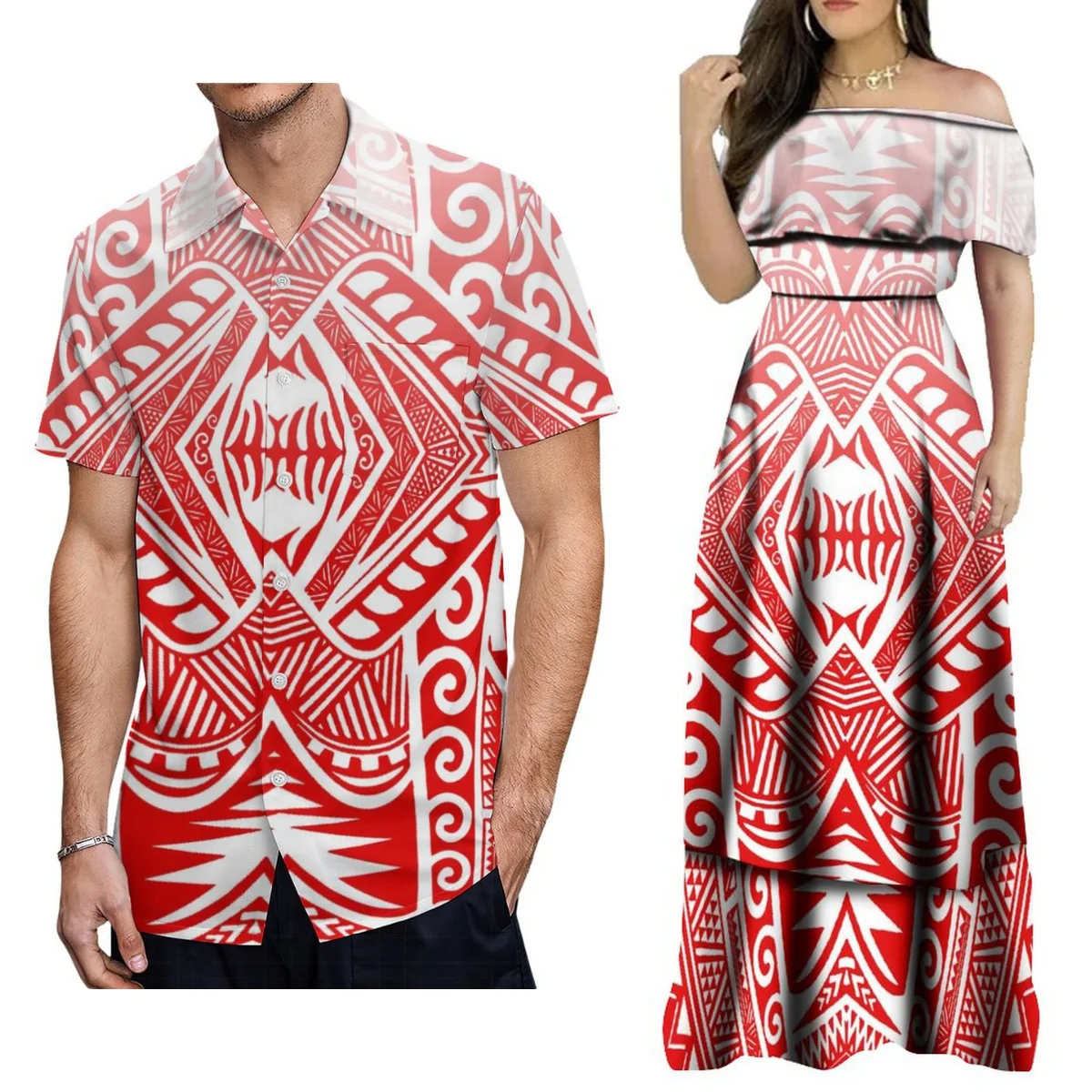 

Custom Hawaiian Style Print Layered Crease Off Shoulder Party Long Layered Women'S Dress Pacific Island Dress With Men'S Shirt