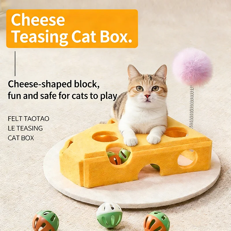 Boîte de jeu interactive en feutre pour chat avec clochette et bâton de chatouillage, jouet de divertissement autonome anti-ennui, labyrinthe de puzzle pour chatons d'intérieur