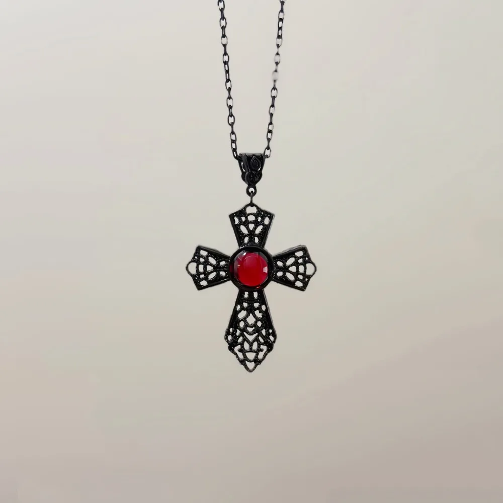 Gothic Mystical Central Dark Red Circular Crystal Black Hollowed-out Patterns Cross Pendant Necklace for Woman Halloween Jewelry