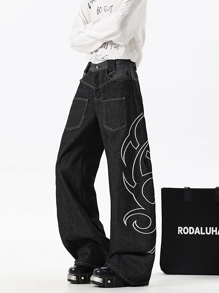 

Мужские джинсы с широкими штанинами в стиле пэчворк из змеиной кожи Boyue Totem, оригинальные повседневные брюки Cow Street Sle для молодежи