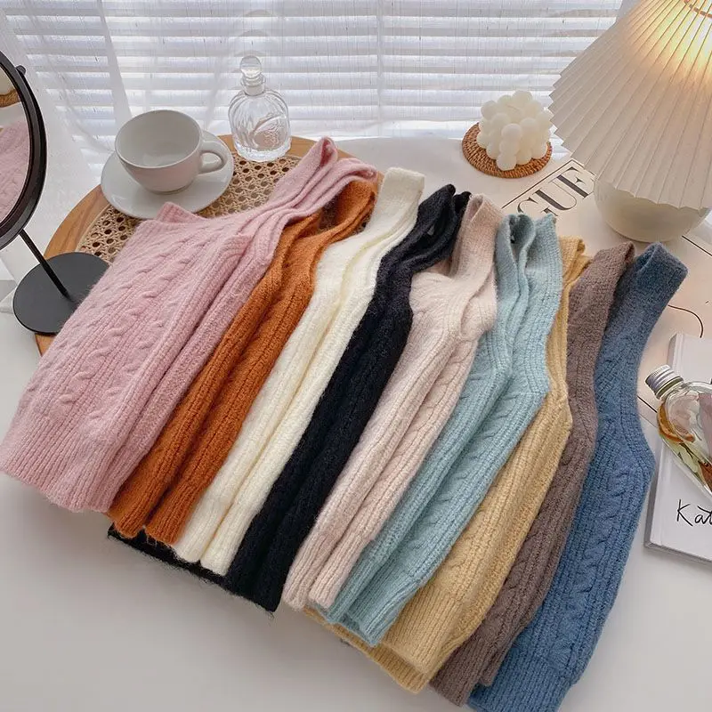 Sweater Vests Women Sleeveless Chic Crops Femme Student Candy Color Korean Version Solid All-match Sweet Style Streetwear Inside