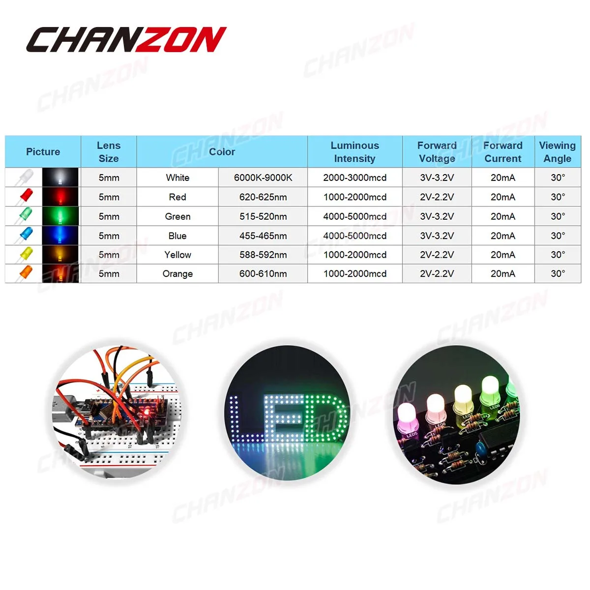 Kit de diodo Led difuso de 5mm, blanco, rojo, verde, azul, amarillo, naranja, bombilla de 2V, 3V, conjunto surtido de emisores de luz, circuito Pcb