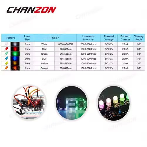 Diffused 5mm Led Diode Kit White Red Green Blue Yellow Orange 2V 3V Bulb Light Emitting Assortment Set Diy Arduino Pcb Circuit - Image 2