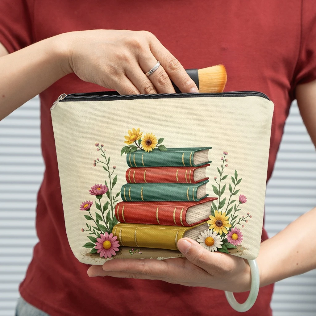 Vintage Stack Books Sunflower Wildflower Print Cosmetic Bag Zipper Makeup Pouch Portable Travel Storage Bag Book Lover Gift