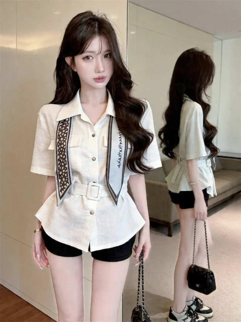 

Anti-Aging Polka Dot Shirt with Belt And Scarf Short Sleeve Neck Design for Women Commuting Slimming Korean Style Top