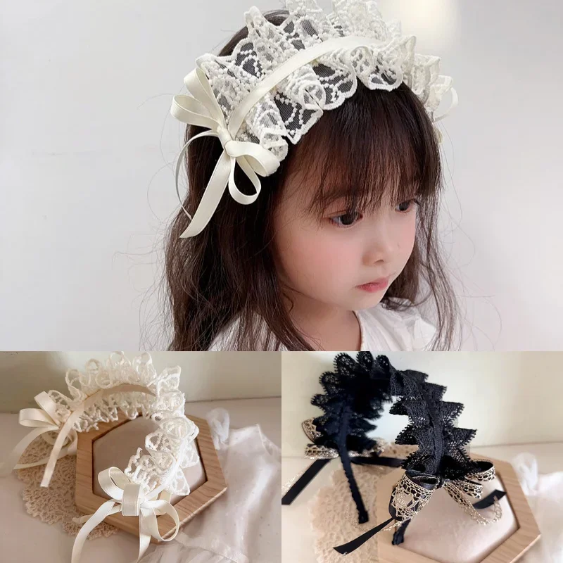 Bandeaux de cheveux en dentelle rétro pour tout-petits, cerceau à nœud de princesse douce pour petite fille, noir, beige, vêtements de sauna pour