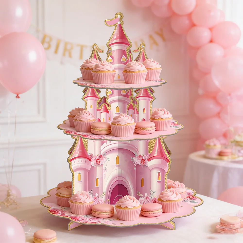 Prinzessinnen-Geburtstagsparty-Dekorationen Rosa Schloss Cupcake-Ständer Schleifen-Cupcake-Förmchen für Babyparty Hochzeit Geburtstag Partyzubehör – Detail 4