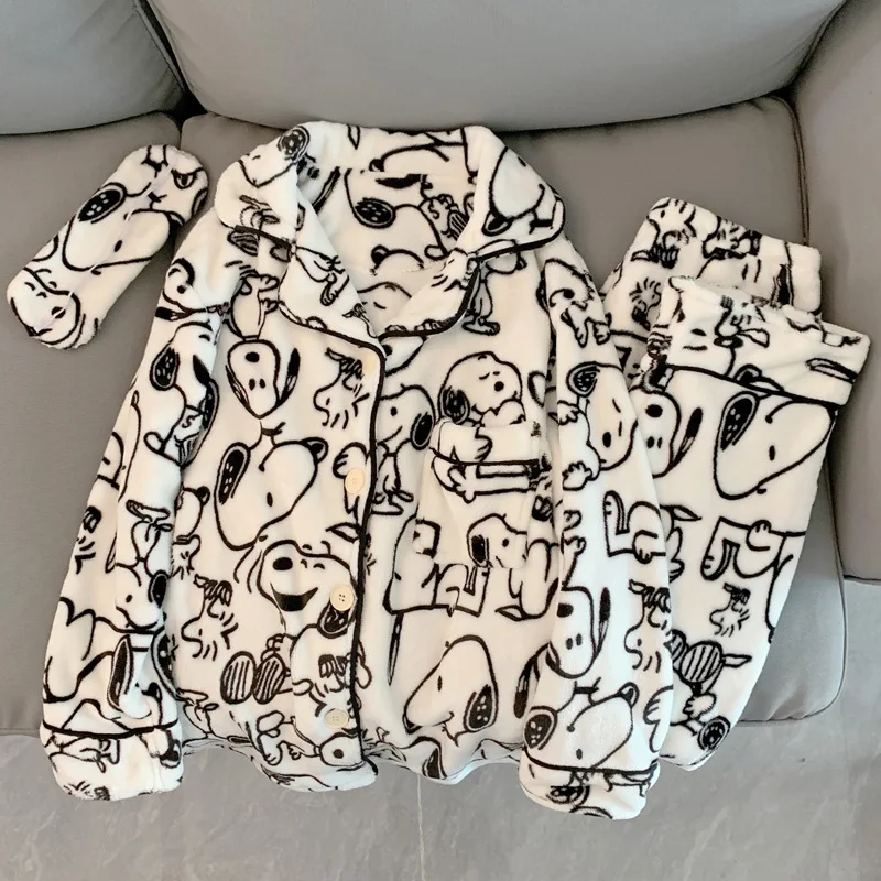 Peanuts Snoopy Kawaii Coral Fleece Pajamas Flannel Long Sleeves Pants Loungewear Thick Winter Clothing Cute Girl Christmas Gift