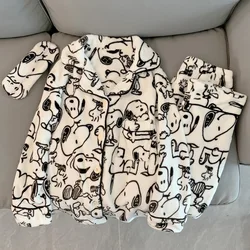 Peanuts Snoopy Kawaii Coral Fleece Pajamas Flannel Long Sleeves Pants Loungewear Thick Winter Clothing Cute Girl Christmas Gift