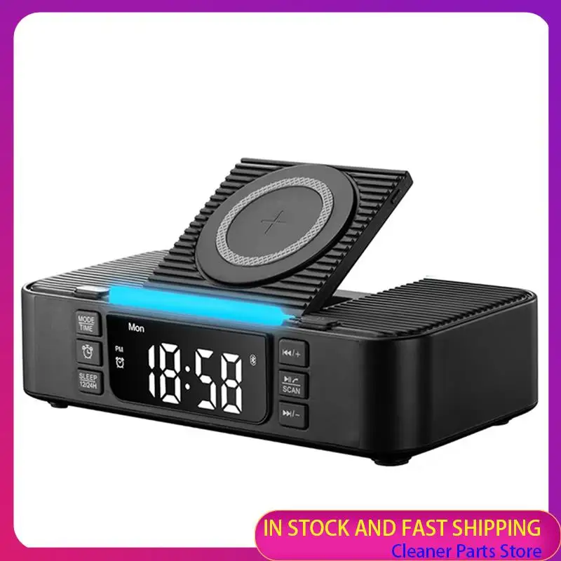 HOT SALE-Wireless Charging Station Including Bluetooth Speaker, Alarm Clock, FM Radio, Night Light, Phone Holder, Adjustable Dis