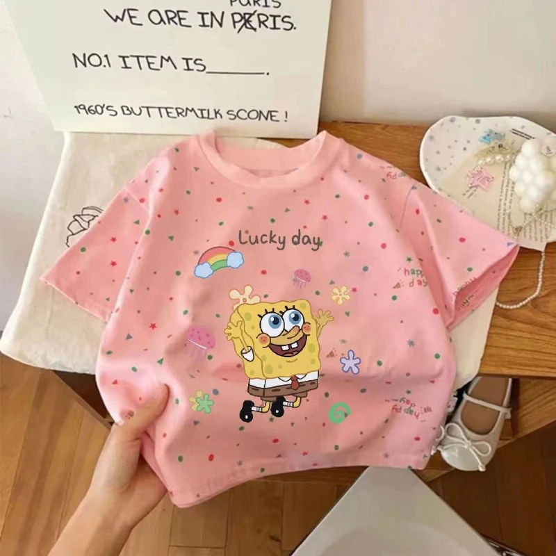 

Girls SpongeBob Short Sleeve Tee, Summer Thin Cotton Full Print Kids Top Korean Style