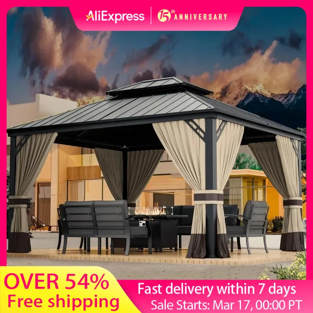 12x14ft Hardtop Gazebo Double Roof, Outdoor Pavilion with Galvanized Iron Frame Garden Tent, Suitable for Courtyards, Backyards