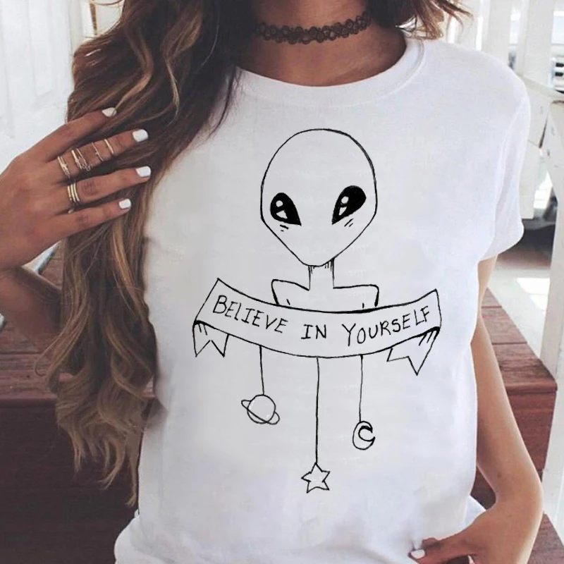 Women Graphic Alien Mujer Camisetas 90s Short Sleeve Summer Casual Fashion Print Wear Vacation Tops Tees Tshirt T-Shirt