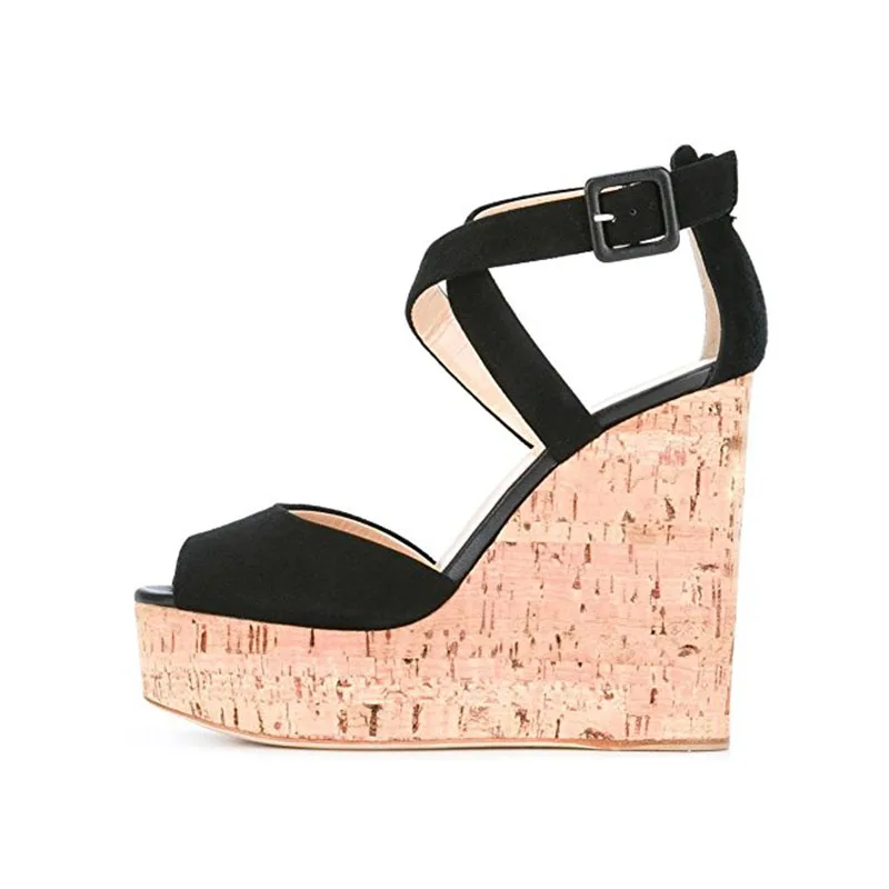 

Arden Furtado Summer 2024 New Suede Round toe Waterproof platform Super high heel Open toe Peep toe Cross buckle Wedges sandals