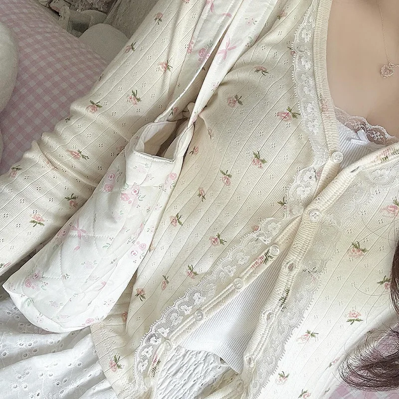 Sweet Floral Cardigans Women Spring Autumn Long Sleeve Lace Trim V-Neck Cute Tops for Kawaii Girls