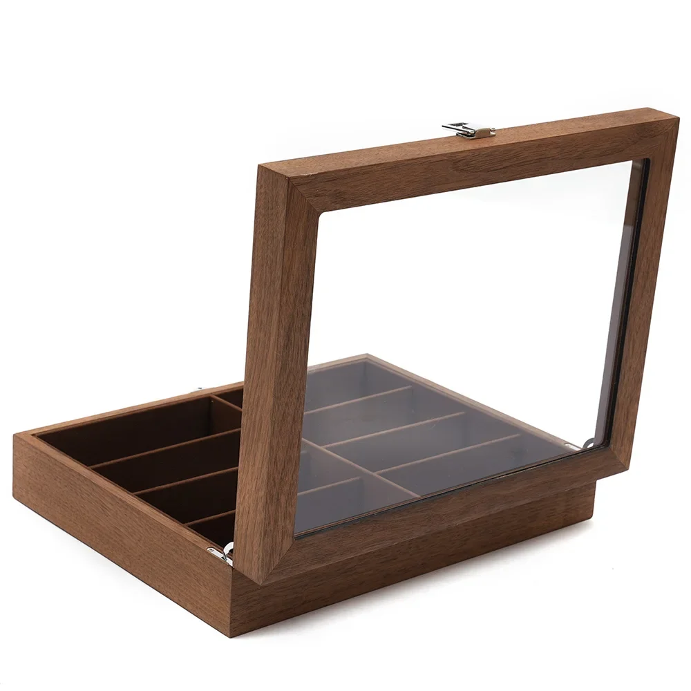 منظم مجموعة النظارات الممتاز - علبة عرض مكونة من 8 شبكات مع درج قابل للقفل، لمسة نهائية خشبية