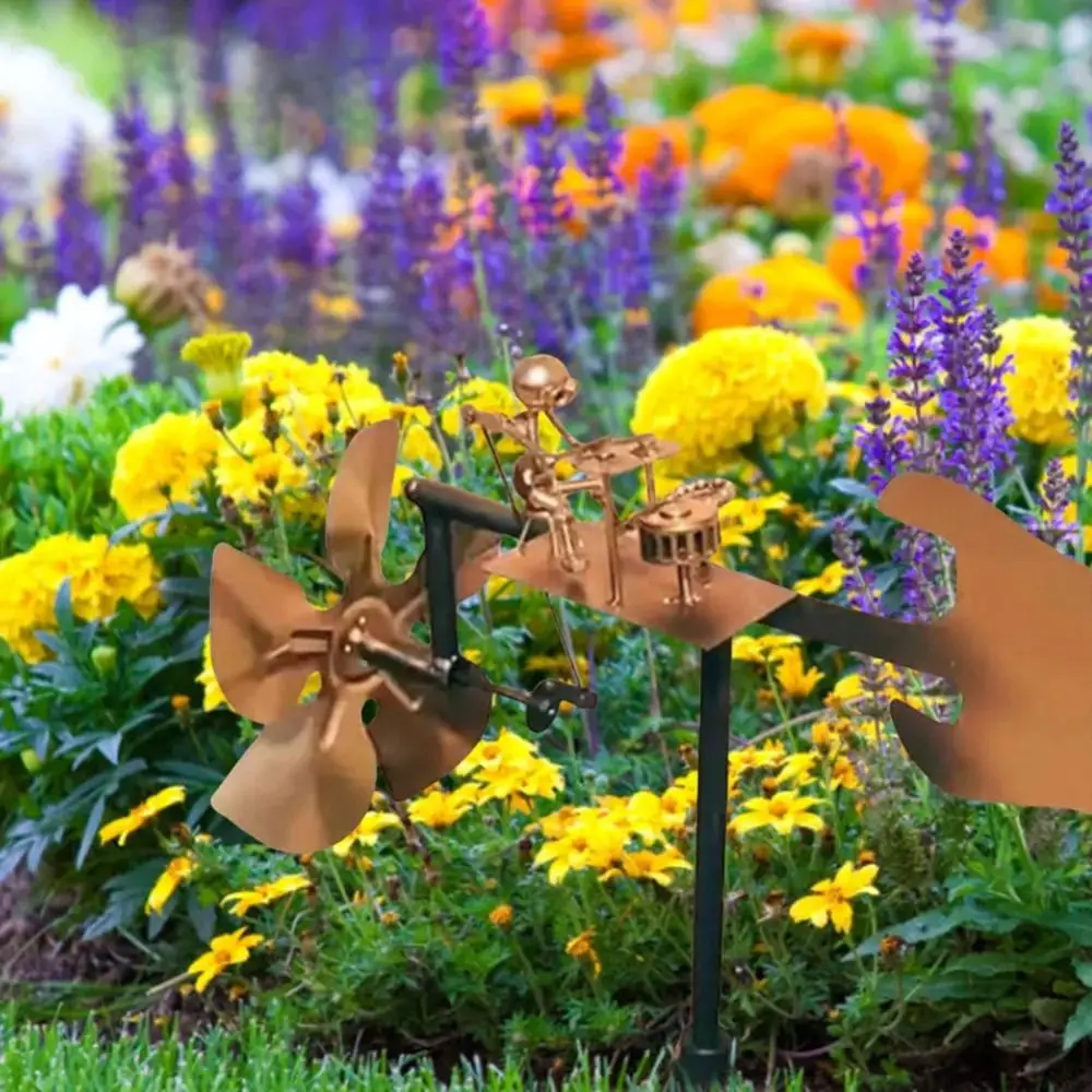 

Metal Wind Spinner Handmade Metal Drummer Windmill Durable Funny Percussionist Figurine Creative Rockin Art Figurine Plant Decor