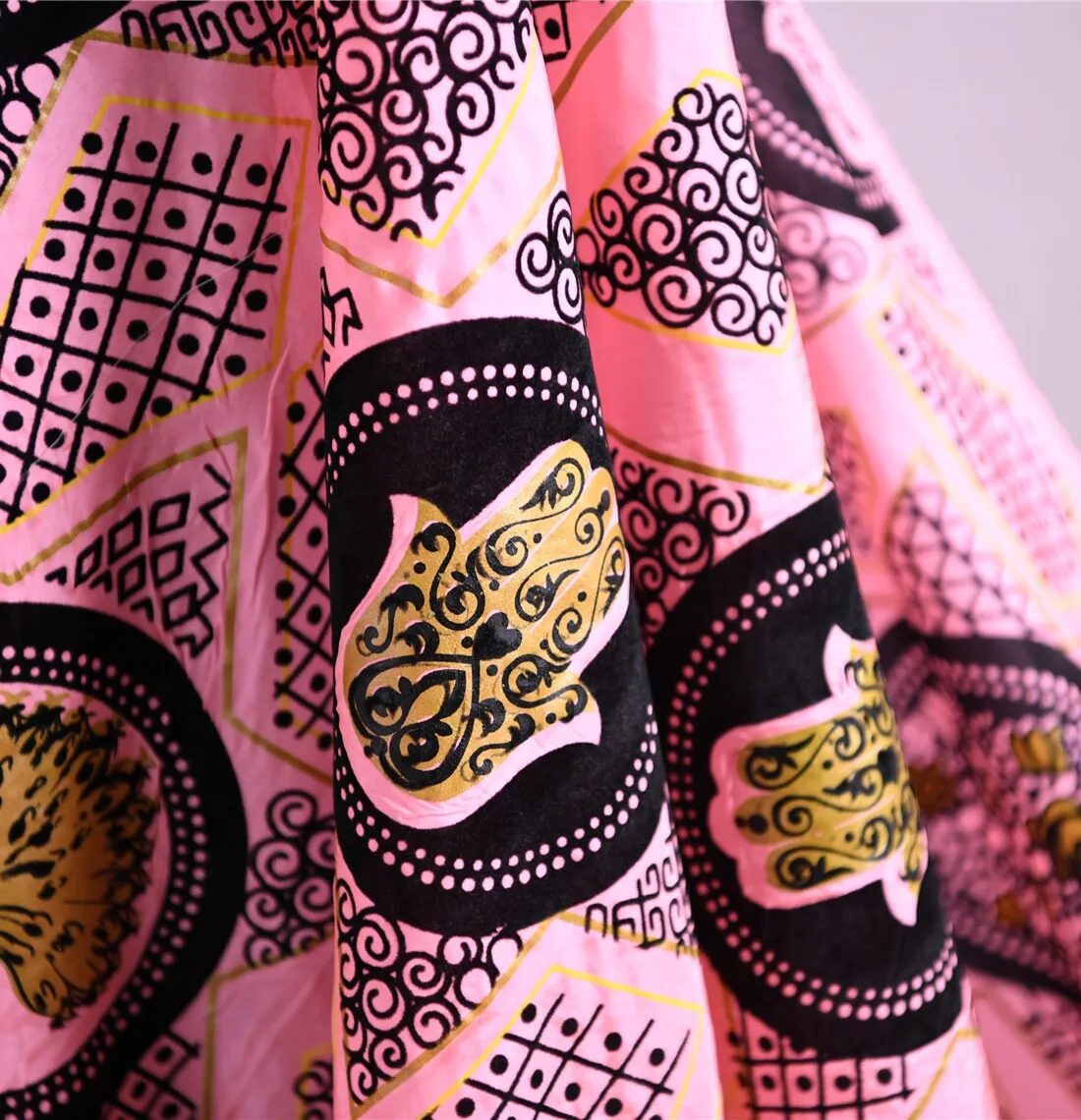 3m Txl Exotic Hamsa Hand Totem Silk Flocking Hangzhou Crepe Fabric, Brand Order, 3D Flocked Print, Mystic Floral Shadow Pattern