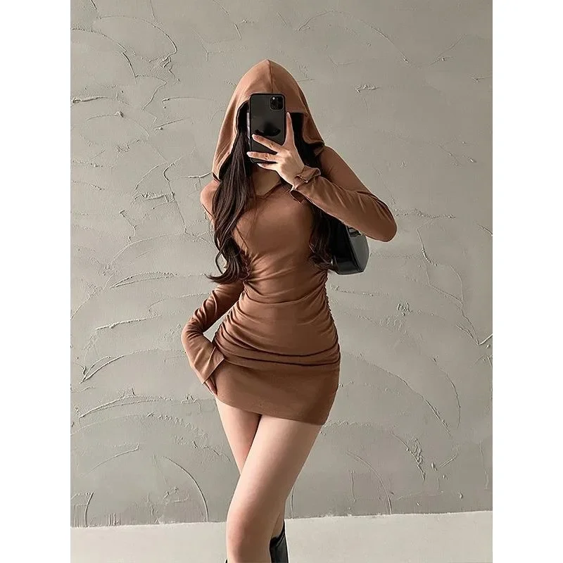 

Sexy Slim Fold Hooded Mini Dress Long Sleeve Wrapped Hip Slim Sweet Korean Women Bottom Vestido Y2k Sexy Evening Dresses 원피스