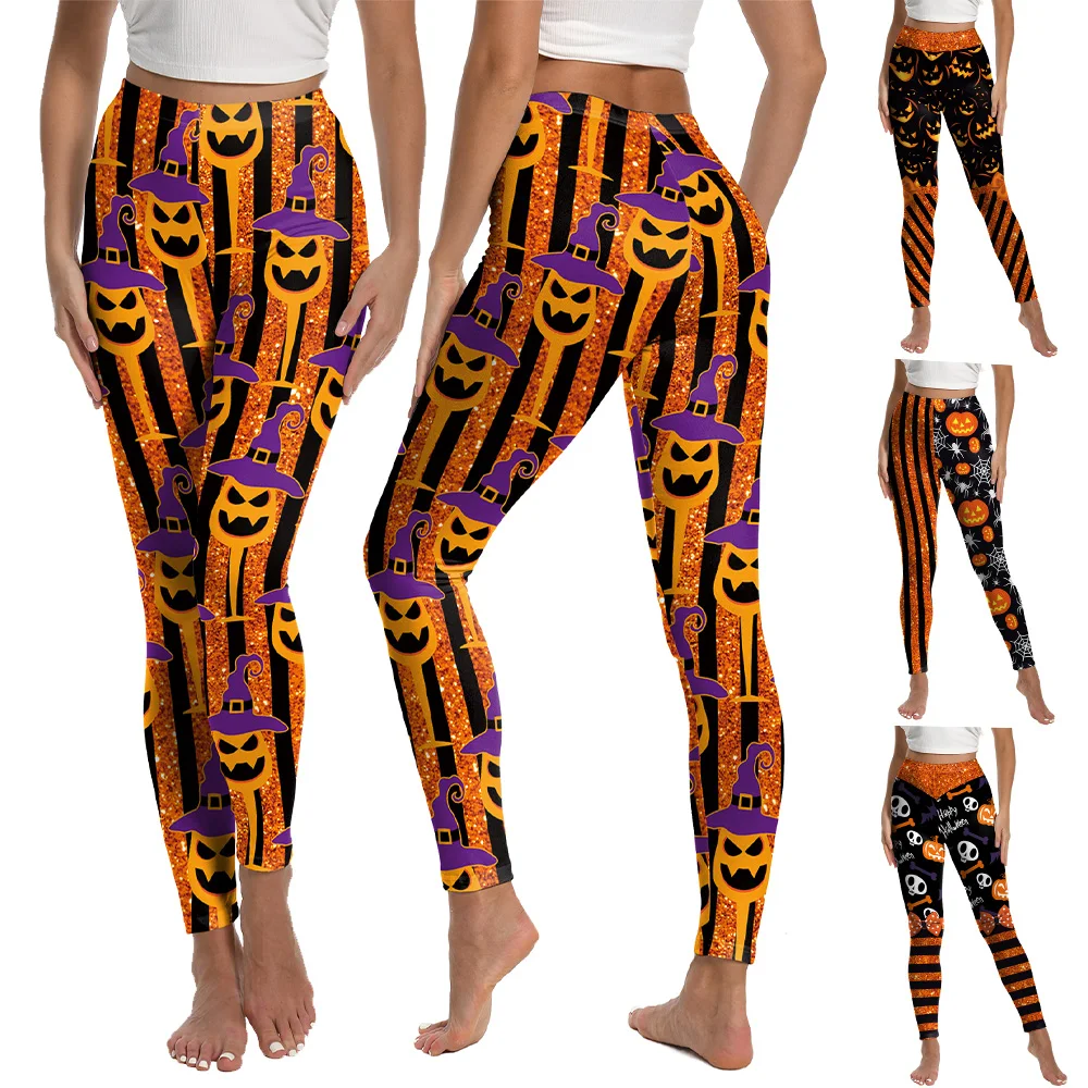 

Leggings for Women Stripes 3D Print Skinny Pants Halloween Gothic Pumpkin Mid Waist Trousers Sports Fitness Yoga Leggings