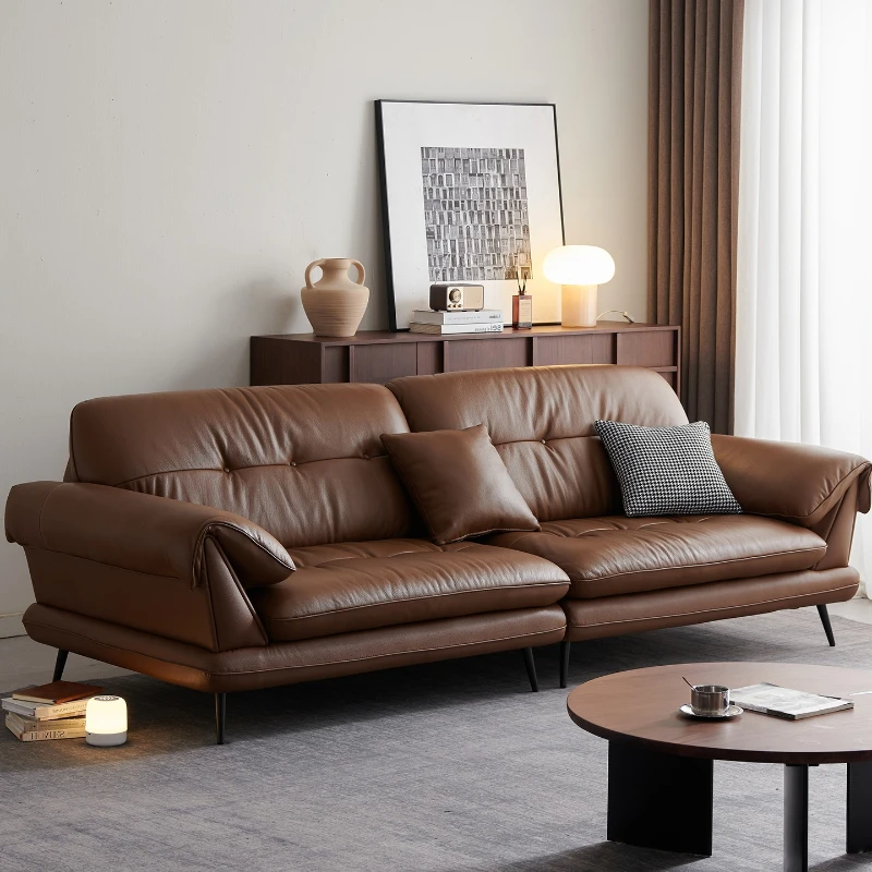 

Retro brown leather art sofa medium and antique small apartment straight row three-person leather sofa