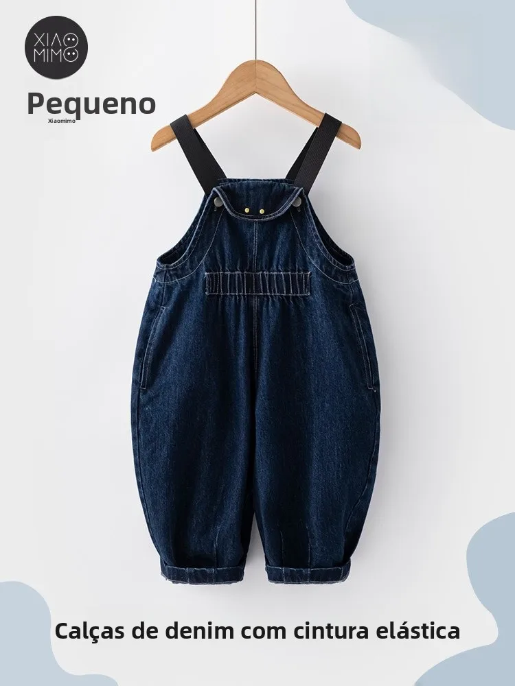 春秋の女の子用オーバーオール、ディープブルーデニムワイドレッグパンツ、調節可能なストラップ、キュートなレディーススタイル、綿ポリエステル混紡