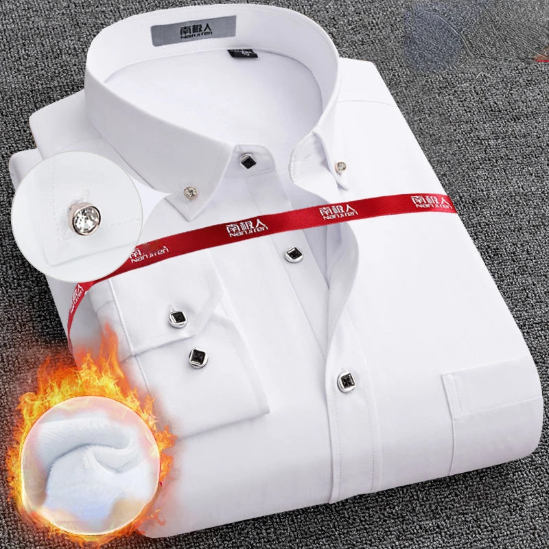 Winter Men's Fleece Shirt Thermal Business Dress Shirts Long Sleeve Casual Cloth Cotton White Thick Warm Comfortable Wool Velvet