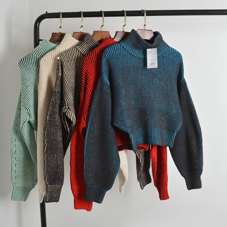 

Женский свитер Thiened oulder-Drop с высоким воротником в вертикальную полоску, модный топ-фонарь Све на осень и зиму