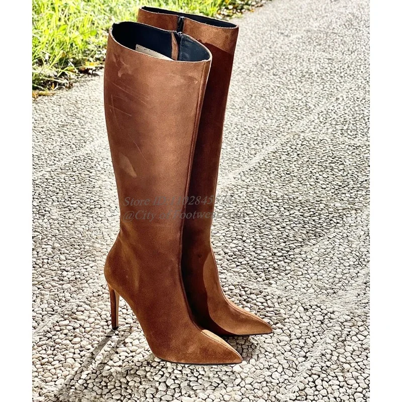 Suede Pointed Toe High Heels Knee High Boots 2024 Winter New in Black/Brown/Grey Leather Zipper Brand Long Boot Big Size Shoes