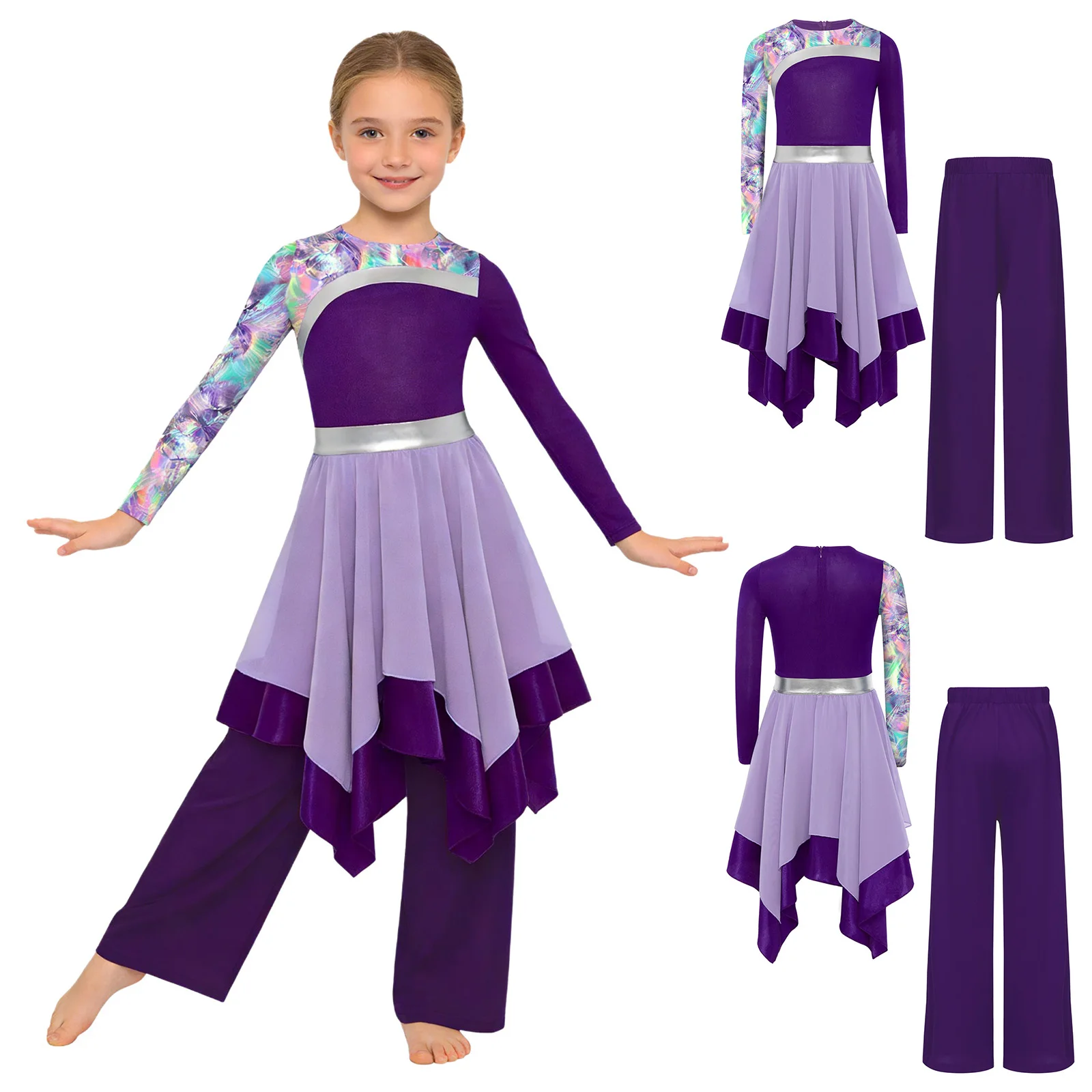 

Kids Girls Lyrical Dance Costume Long Sleeve Praise Dance Dress Outfit Liturgical Tunic Church Worship Choir Performance Clothes