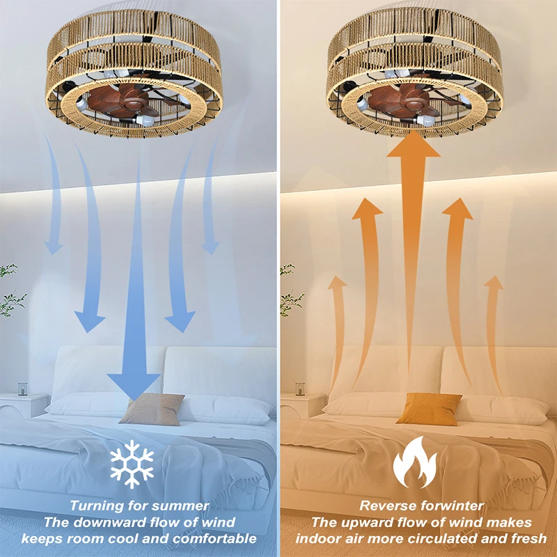 Ceiling Fan Light Fixture with Remote Control Wooden Hemp Rope Weaving Bird Cage Design LED Lighting for Living Room Bedroom