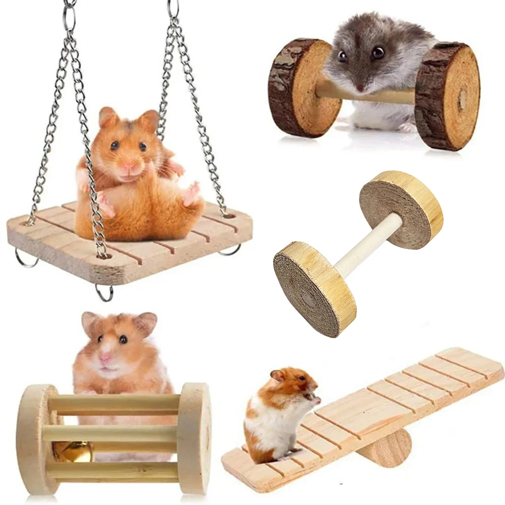 Cute Hamster Roller Toys Natural Wooden Pine Dumbells Unicycle swing Chew Molars Toys Bird Rabbit Guinea Pigs Small Pet Supplies